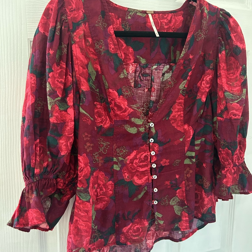 Free People Red Floral Blouse